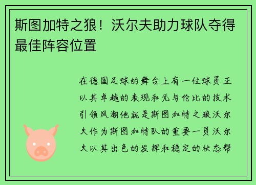斯图加特之狼！沃尔夫助力球队夺得最佳阵容位置