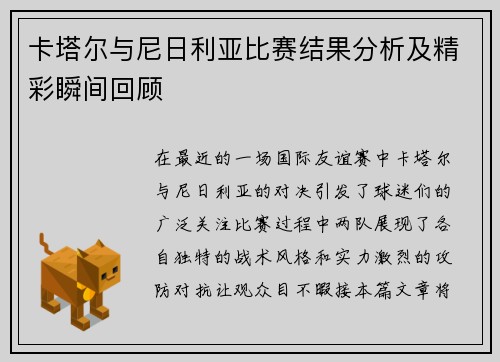 卡塔尔与尼日利亚比赛结果分析及精彩瞬间回顾