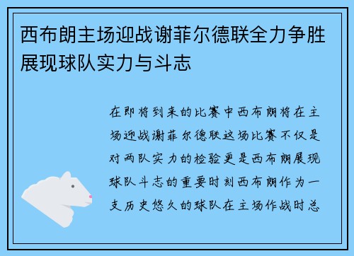 西布朗主场迎战谢菲尔德联全力争胜展现球队实力与斗志
