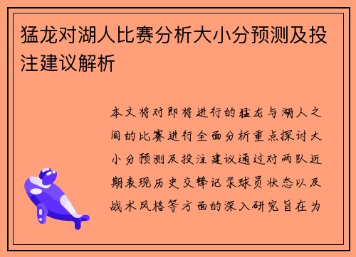 猛龙对湖人比赛分析大小分预测及投注建议解析
