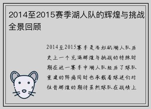 2014至2015赛季湖人队的辉煌与挑战全景回顾