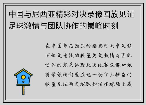 中国与尼西亚精彩对决录像回放见证足球激情与团队协作的巅峰时刻