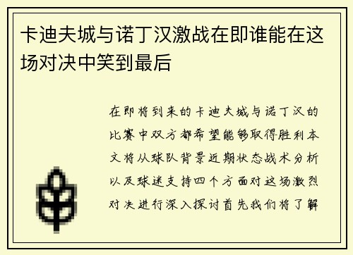 卡迪夫城与诺丁汉激战在即谁能在这场对决中笑到最后