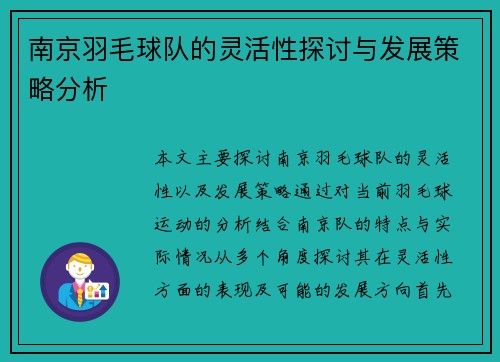 南京羽毛球队的灵活性探讨与发展策略分析