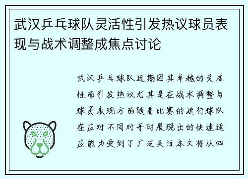 武汉乒乓球队灵活性引发热议球员表现与战术调整成焦点讨论