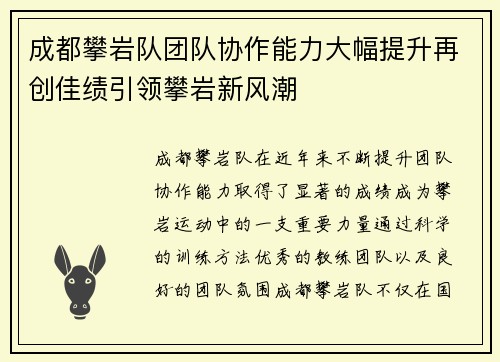 成都攀岩队团队协作能力大幅提升再创佳绩引领攀岩新风潮